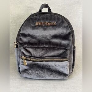Betsey Johnson Grey Velvet Velour Skull Goth Backpack Mid Purse Gray